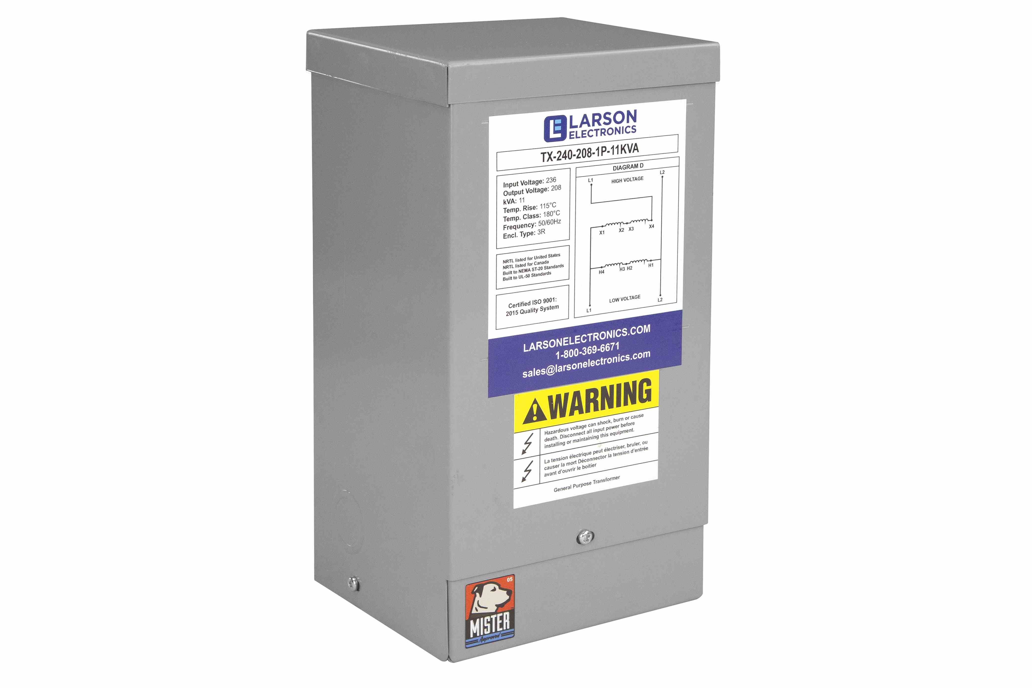 Larson Electronics - 11 KVA Step Down Transformer - 240VAC 1PH to