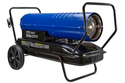 Cart Mounted Forced Air Heater - 120V - Kerosene/Diesel - 630 CFM, 190000 BTUs - 13 Gal Tank - Blue