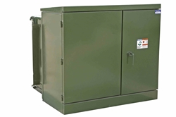 15 KVA Pad Mount Transformer - 13800V Delta Primary, 120/240V Secondary - Mineral Oil Fluid / ONAN - 304L Stainless Steel - Bell Green